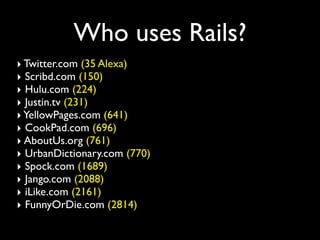 Who uses Rails?
‣ Twitter.com (35 Alexa)
‣ Scribd.com (150)
‣ Hulu.com (224)
‣ Justin.tv (231)
‣ YellowPages.com (641)
‣ CookPad.com (696)
‣ AboutUs.org (761)
‣ UrbanDictionary.com (770)
‣ Spock.com (1689)
‣ Jango.com (2088)
‣ iLike.com (2161)
‣ FunnyOrDie.com (2814)
 