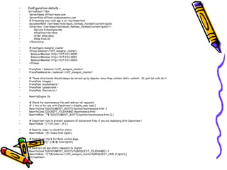 Configuration details – <VirtualHost *:80> ServerName sfftest.mooo.com ServerAlias sfftest.codesymmetry.com # Presuming your rails app is at /var/www/test DocumentRoot /var/www/rails/saudi_fantasy_football/current/public <Directory "/var/www/rails/saudi_fantasy_football/current/public"> Options FollowSymLinks AllowOverride None Order allow,deny  Allow from all </Directory>  # Configure mongrel_cluster <Proxy balancer://sff_mongrel_cluster> BalancerMember http://127.0.0.1:8000 BalancerMember http://127.0.0.1:8001 BalancerMember http://127.0.0.1:8002 </Proxy> ProxyPass / balancer://sff_mongrel_cluster/ ProxyPassReverse / balancer://sff_mongrel_cluster/ # These directories should always be served up by Apache, since they contain static content.  Or just let rails do it. ProxyPass /images ! ProxyPass /stylesheets ! ProxyPass /javascripts ! ProxyPass /favicon.ico ! RewriteEngine On # Check for maintenance file and redirect all requests #  ( this is for use with Capistrano's disable_web task ) RewriteCond %{DOCUMENT_ROOT}/system/maintenance.html -f RewriteCond %{SCRIPT_FILENAME} !maintenance.html RewriteRule ^.*$ %{DOCUMENT_ROOT}/system/maintenance.html [L] # Important rule to prevent exposure of subversion files if you are deploying with Capistrano ! RewriteRule ^(.*/)?\.svn/ - [F,L] # Rewrite index to check for static RewriteRule ^/$ /index.html [QSA] # Rewrite to check for Rails cached page RewriteRule ^([^.]+)$ $1.html [QSA] # Redirect all non-static requests to cluster RewriteCond %{DOCUMENT_ROOT}/%{REQUEST_FILENAME} !-f RewriteRule ^/(.*)$ balancer://sff_mongrel_cluster%{REQUEST_URI} [P,QSA,L] </VirtualHost> 