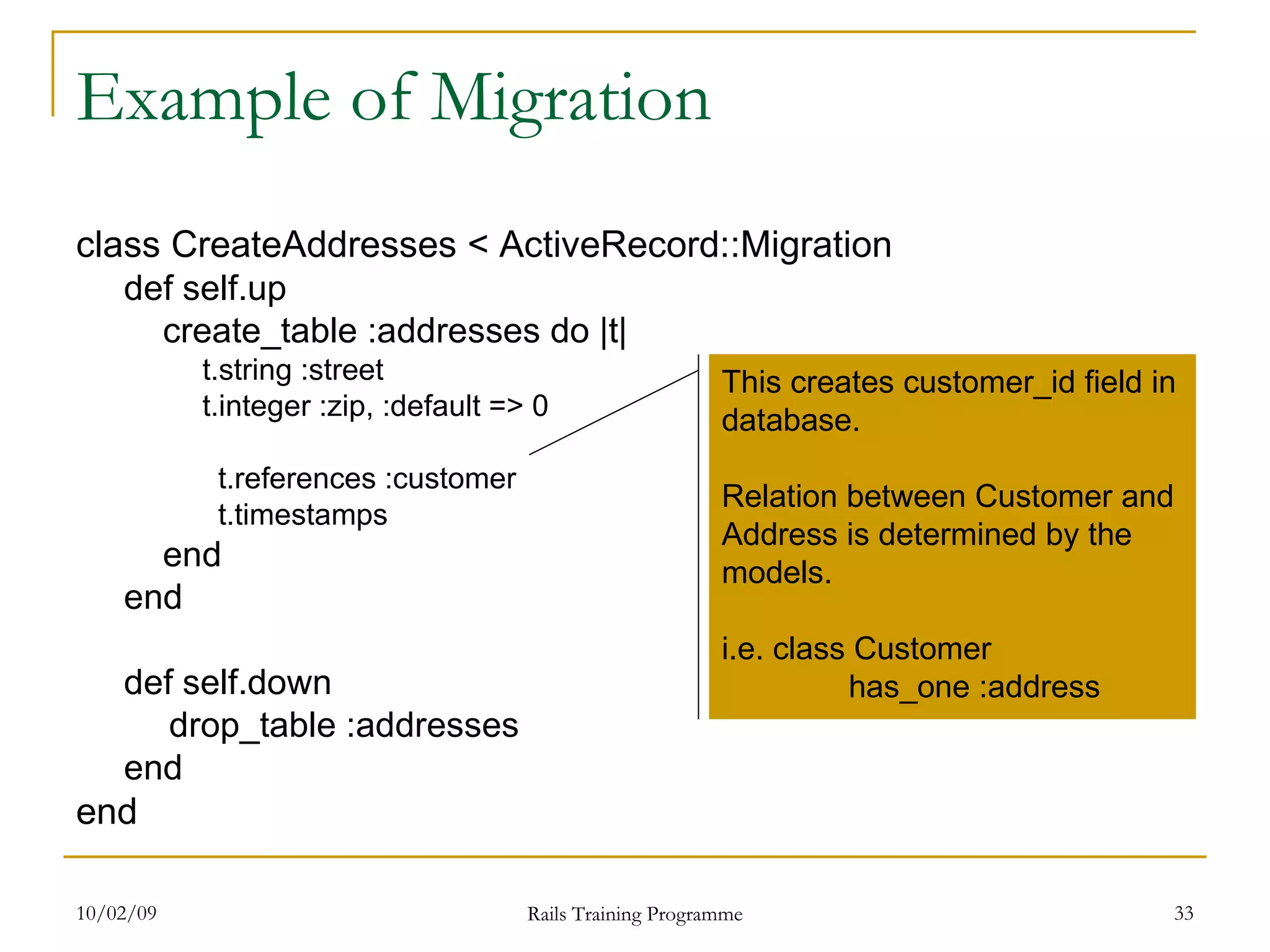Example of Migration class CreateAddresses < ActiveRecord::Migration def self.up create_table :addresses do |t| t.string :street t.integer :zip, :default => 0 t.references :customer t.timestamps end end def self.down drop_table :addresses end end This creates customer_id field in database. Relation between Customer and Address is determined by the models. i.e. class Customer has_one :address 