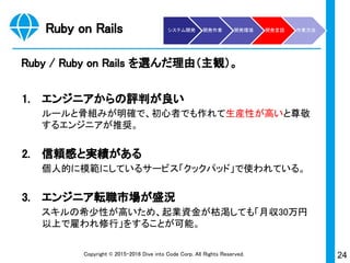 24Copyright © 2015-2017 Dive into Code Corp. All Rights Reserved.
開発環境とは
従来は PC を用意して複雑なインストール作業が必要だった
が、今やボタンひとつで可能に。
従来 本講座
・ボタン１つでOK
わずか1分で完了！
システム開発 開発作業 開発環境 開発言語 作業方法
Cloud9
・インストールするPCを用意
↓
・開発言語をインストール
↓
・フレームワークをインストール
↓
・データベース管理システムをインストール
↓
・バージョン管理システムをインストール
等
初めての時は3日はかかる…。
 