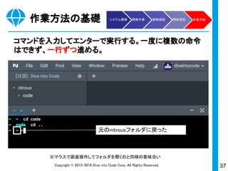 37Copyright © 2015-2017 Dive into Code Corp. All Rights Reserved.
httpServer
def index
@blogs = Blog.all
end
<% @blogs.each do |blog| %>
<% end %>
class Blog <
ActiveRecord::Base
end
http通信とURLの組み合せから処理を流す先を判定。C→
(M→DB→M→C)→V→Cと通信が流れる。
/config
/routes.rb
URL
/blogs
http
GET
blogs#index
/controllers/blogs_c
ontroller.rb
/models/
blog.rb
PostgreSQL
blogsテーブル
/views/
blogs/index.html.erb
h1 {
}
/assets/stylesheets/
blogs.css.scss
“O/Rマッパー”
Blog.all
↓
RubyからSQLに変換
↓
SELECT * FROM blogs;
システム開発 開発作業 開発環境 開発言語 作業方法Ruby on Rails
 