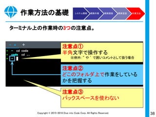 38Copyright © 2015-2017 Dive into Code Corp. All Rights Reserved.
httpServer
Copyright © 2015-2016 Dive into Code Corp. All Rights Reserved.
オモテは、HTML, CSS。ウラはRuby, SQL。Rails はhttpリク
エストからレスポンスまでの流れをつくる。
/config
/routes.rb
URL
/blogs
http
GET
blogs#inde
x
/controllers/blogs_c
ontroller.rb
/models/
blog.rb
PostgreSQL
blogsテーブル
/views/
blogs/index.html.erb
/assets/stylesheets/
blogs.css.scss
システム開発 開発作業 開発環境 開発言語 作業方法Ruby on Rails
 