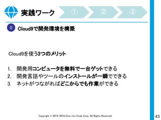 43Copyright © 2015-2017 Dive into Code Corp. All Rights Reserved.
作業方法の基礎
コマンドを入力してエンターで実行する。一度に複数の命令
はできず、一行ずつ進める。
コマンド「cd ..」で、achieveフォルダの上の
階層のcodeフォルダに移動
※マウスで画面操作してフォルダを開くのと同様の意味合い
システム開発 開発作業 開発環境 開発言語 作業方法
 