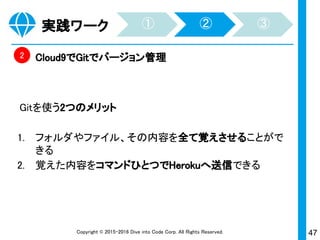 47Copyright © 2015-2017 Dive into Code Corp. All Rights Reserved.Copyright © 2015 TimeShift Corp. All Rights Reserved.
実践ワーク
 
