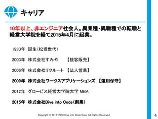 4Copyright © 2015-2017 Dive into Code Corp. All Rights Reserved.
キャリア
10年以上、非エンジニア社会人。異業種・異職種での転職と
経営大学院を経て2015年4月に起業。
1980年 誕生（松坂世代）
2003年 株式会社すみや 【接客販売】
2006年 株式会社リクルート 【法人営業】
2009年 株式会社ワークスアプリケーションズ 【運用保守】
2012年 グロービス経営大学院大学 MBA
2015年 株式会社Dive into Code（創業）
 