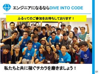 51Copyright © 2015-2017 Dive into Code Corp. All Rights Reserved.
実践ワーク
Cloud9で開発環境を構築
Cloud9を使う3つのメリット
1. 開発用コンピュータを無料で一台ゲットできる
2. 開発言語やツールのインストールが一瞬でできる
3. ネットがつながればどこからでも作業ができる
① ② ③
0
 