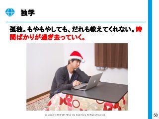 58Copyright © 2015-2017 Dive into Code Corp. All Rights Reserved.
Cloud9
Git
Heroku 新規ユーザ登録
実践ワーク
Cloud9でHerokuでネット公開（初回）
① ② ③
3
heroku login
HTTP
Server
C
V
M
DB
C
V
M
1APP
Git
git push heroku master HTTP
Server
C
V
M
DB
C
V
M
heroku create
heroku run rake db:migrate RAILS_ENV=production
 