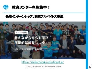 69Copyright © 2015-2017 Dive into Code Corp. All Rights Reserved.
Railsエンジニア求人
1,000社以上
確認済み
 