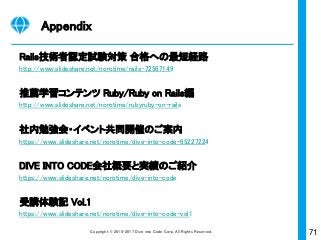 71Copyright © 2015-2017 Dive into Code Corp. All Rights Reserved.
転職
「あなた、
実務経験あるの？」
 