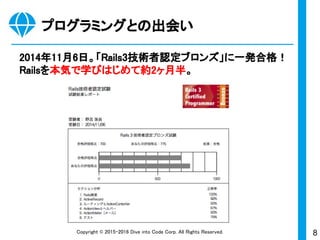 8Copyright © 2015-2017 Dive into Code Corp. All Rights Reserved.
プログラミングとの出会い
2014年11月6日。「Rails3技術者認定ブロンズ」に一発合格！
Railsを本気で学びはじめて約2ヶ月半。
 