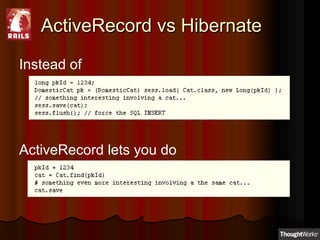 ActiveRecord vs HibernateActiveRecord vs Hibernate
Instead of
ActiveRecord lets you do
 