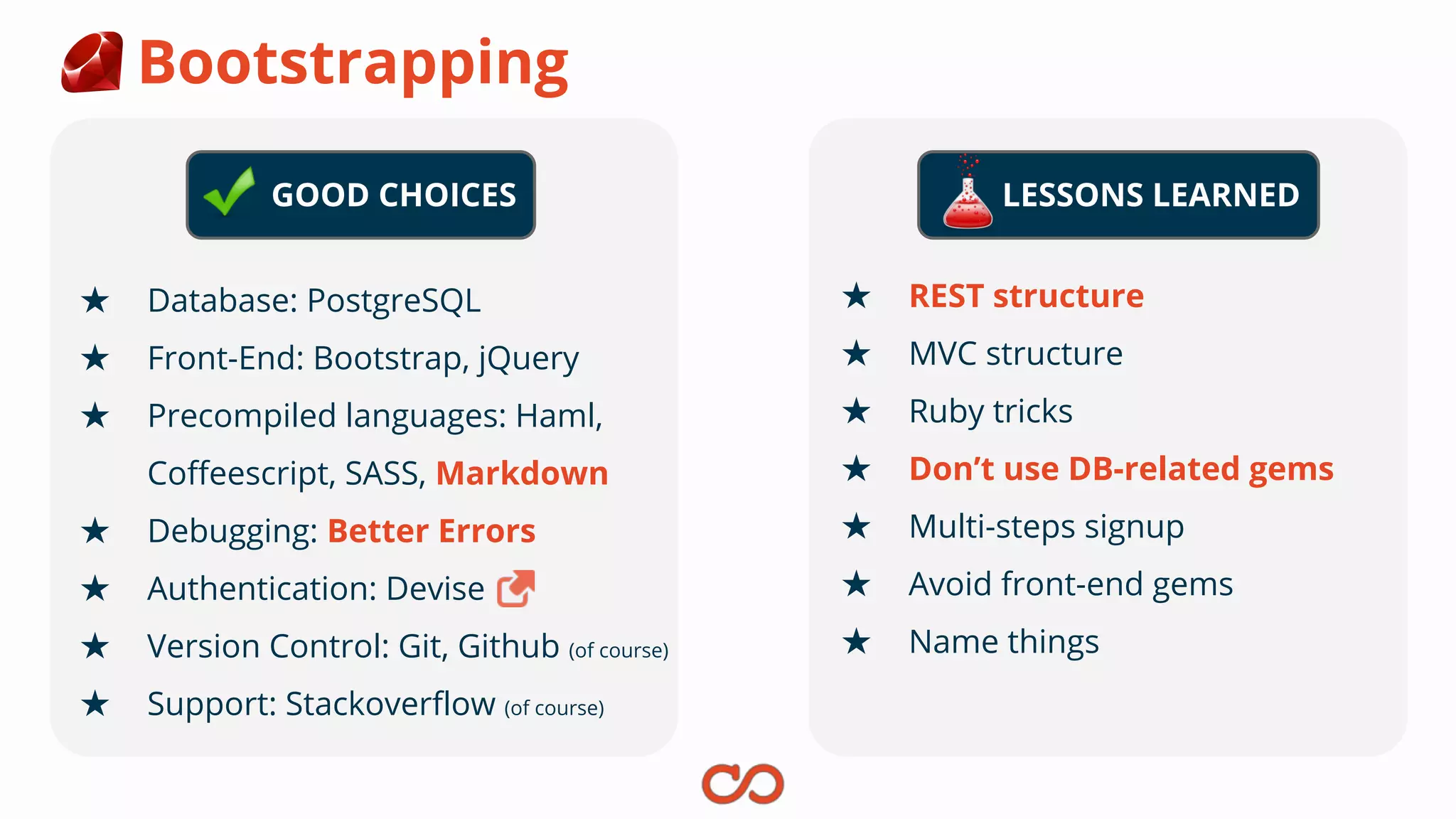 Bootstrapping
★ Database: PostgreSQL
★ Front-End: Bootstrap, jQuery
★ Precompiled languages: Haml,
Coffeescript, SASS, Markdown
★ Debugging: Better Errors
★ Authentication: Devise
★ Version Control: Git, Github (of course)
★ Support: Stackoverflow (of course)
★ REST structure
★ MVC structure
★ Ruby tricks
★ Don’t use DB-related gems
★ Multi-steps signup
★ Avoid front-end gems
★ Name things
LESSONS LEARNEDGOOD CHOICES
 