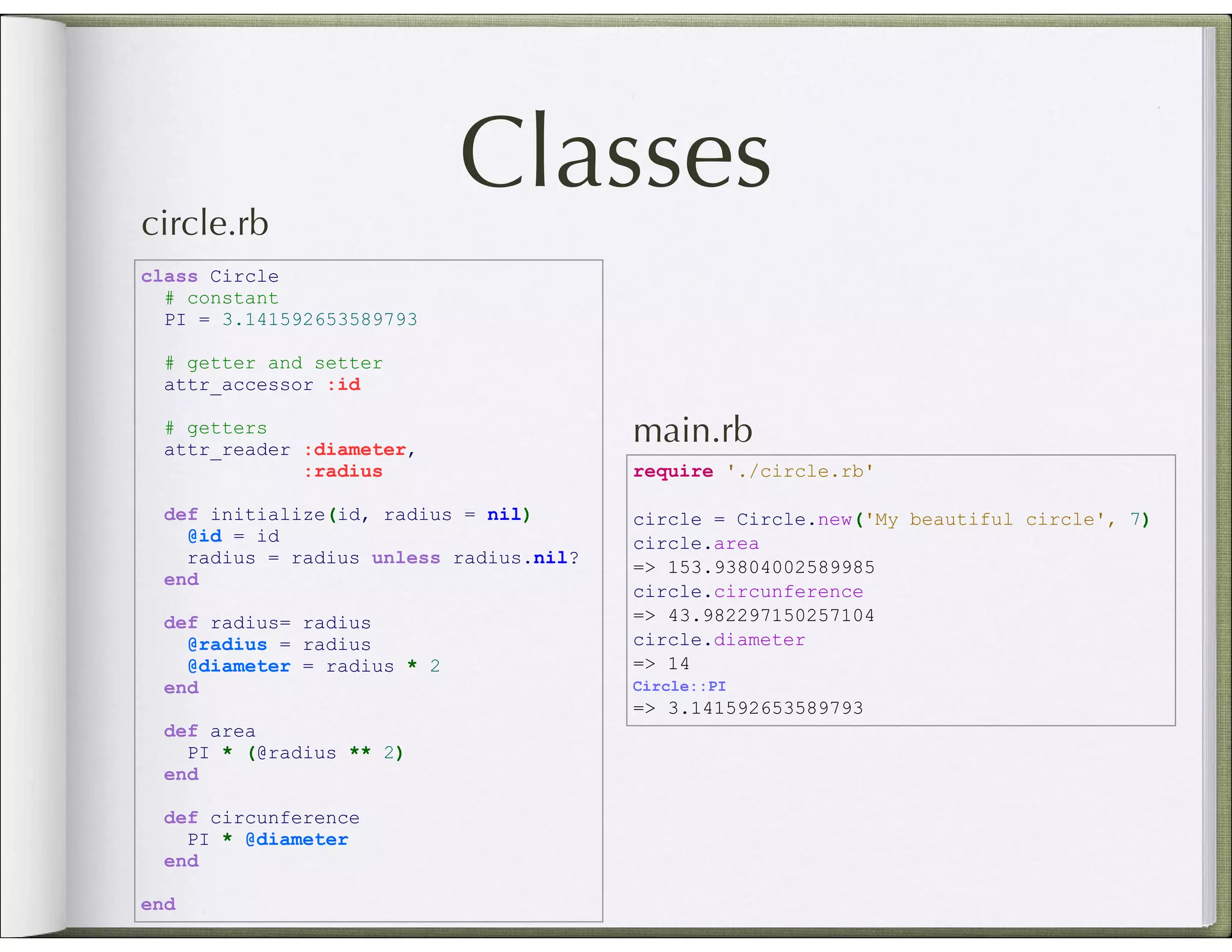 circle.rb Classes class Circle # constant PI = 3.141592653589793 # getter and setter attr_accessor :id # getters attr_reader :diameter, main.rb :radius require './circle.rb' def initialize(id, radius = nil) circle = Circle.new('My beautiful circle', 7) @id = id circle.area radius = radius unless radius.nil? => 153.93804002589985 end circle.circunference def radius= radius => 43.982297150257104 @radius = radius circle.diameter @diameter = radius * 2 => 14 end Circle::PI => 3.141592653589793 def area PI * (@radius ** 2) end def circunference PI * @diameter end end 