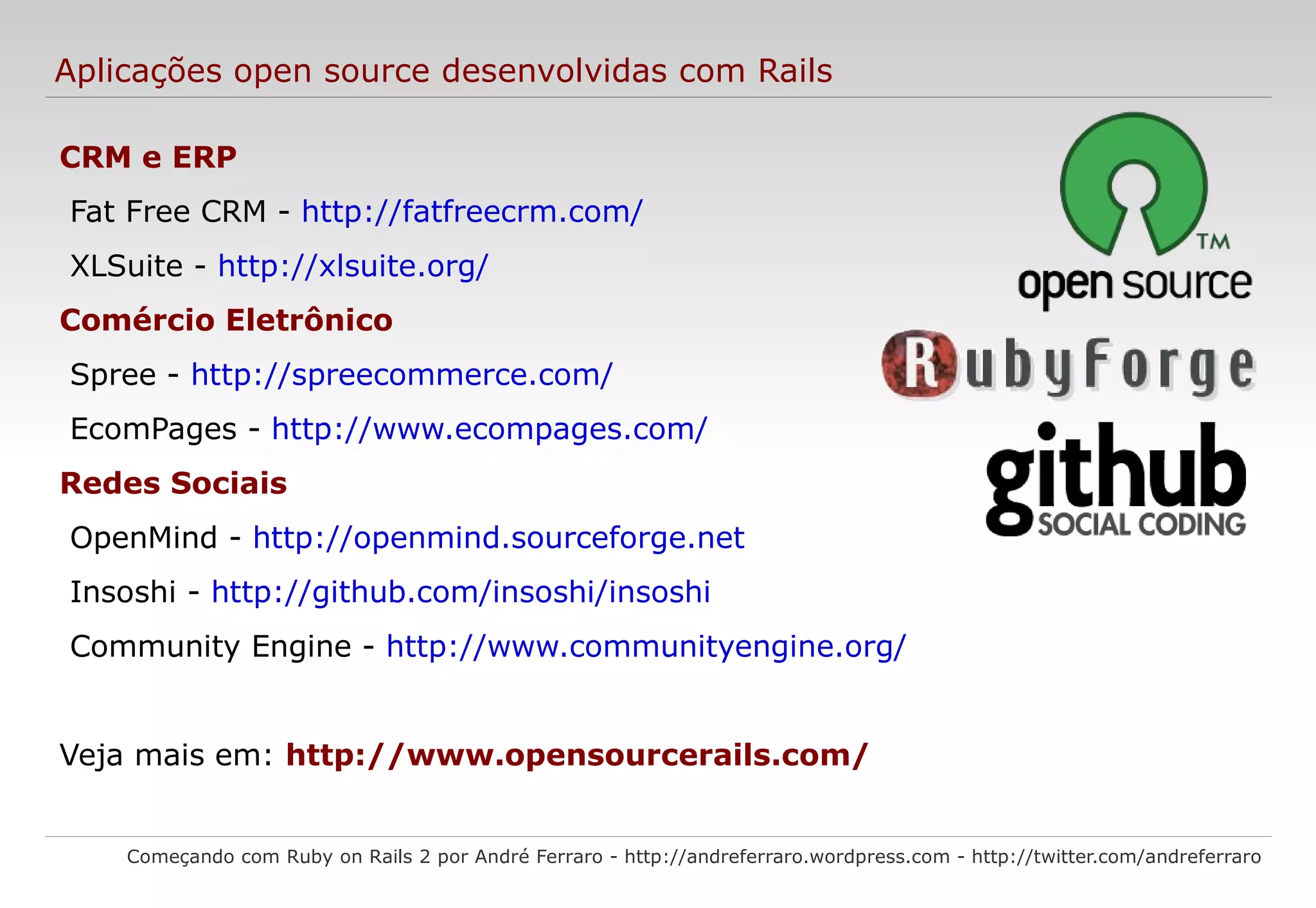 MVC no Rails Começando com Ruby on Rails 2 por André Ferraro - http://andreferraro.wordpress.com - http://twitter.com/andreferraro Controle Modelo Visualização 1 2 3 4 