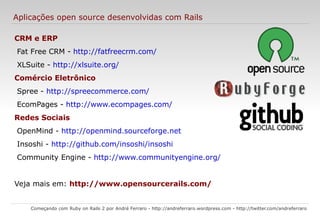 MVC no Rails Começando com Ruby on Rails 2 por André Ferraro -  http://andreferraro.wordpress.com  -  http://twitter.com/andreferraro   Controle Modelo Visualização 1 2 3 4 