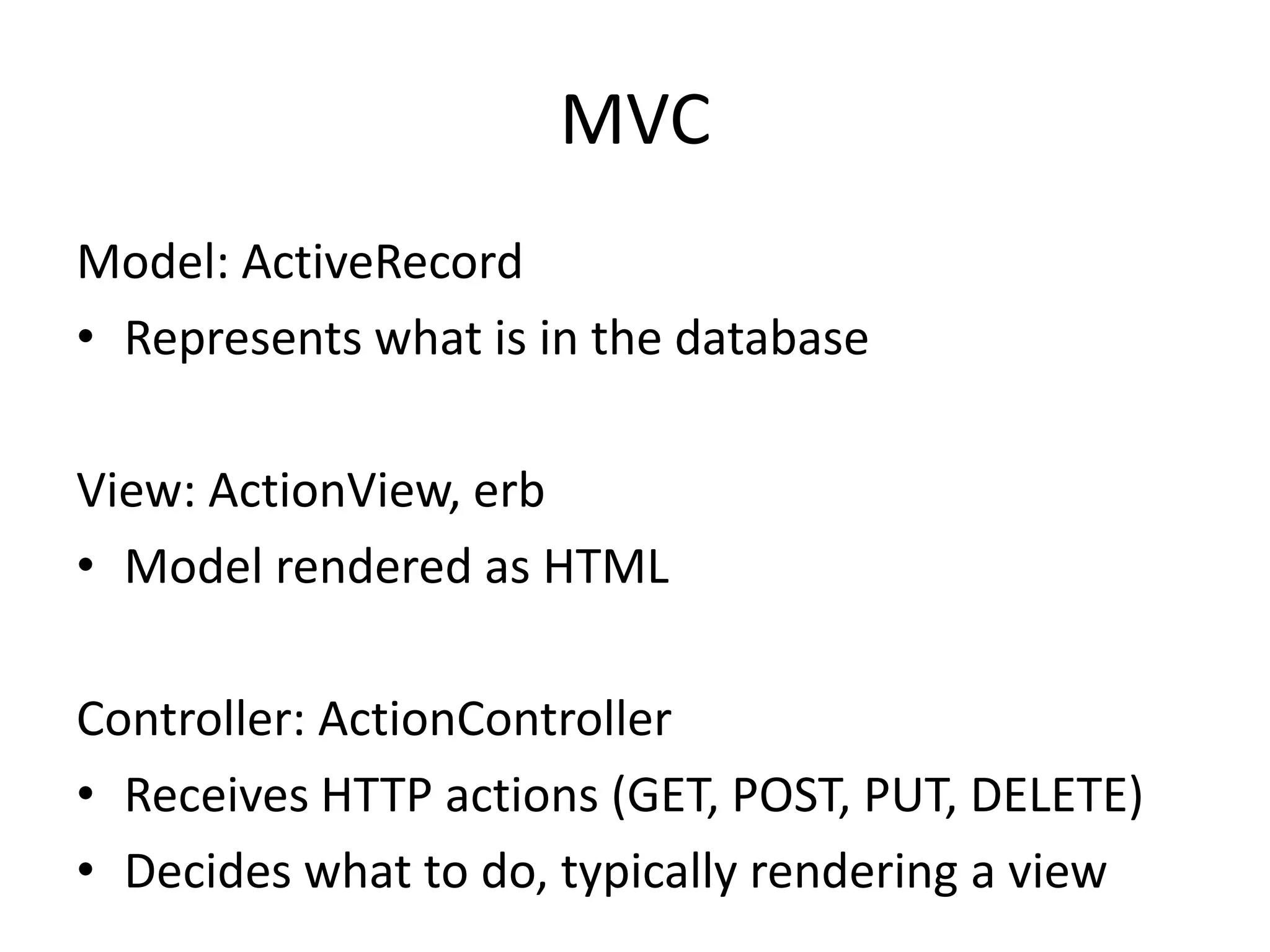 ScaffoldModelapp/models/person.rbdb/migrate/20090611073227_create_people.rb4 viewsapp/views/people/index.html.erbapp/views/people/show.html.erbapp/views/people/new.html.erbapp/views/people/edit.html.erbControllerapp/controllers/people_controller.rbroute map.resources :people
