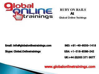 Email: info@globalonlinetrainings.com IND: +91-40-6050-1418
Skype: Global.Onlinetrainings USA: +1-516-8586-242
UK:+44 (0)203 371 0077
www.globalonlinetrainings.com
RUBY ON RAILS
At
Global Online Trainings
 