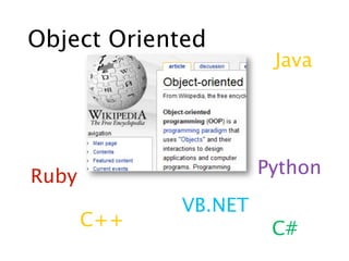 Object Oriented
                       Java




Ruby                  Python
             VB.NET
       C++             C#
 