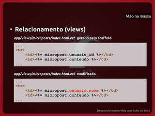 Mão na massa


●
    Relacionamento (views)
    app/views/microposts/index.html.erb gerado pelo scaffold.

    ...
    <tr>
        <td><%= micropost.usuario_id %></td>
        <td><%= micropost.conteudo %></td>
    ...

    app/views/microposts/index.html.erb modificado.

    ...
    <tr>
        <td><%= micropost.usuario.nome %></td>
        <td><%= micropost.conteudo %></td>
    ...
 