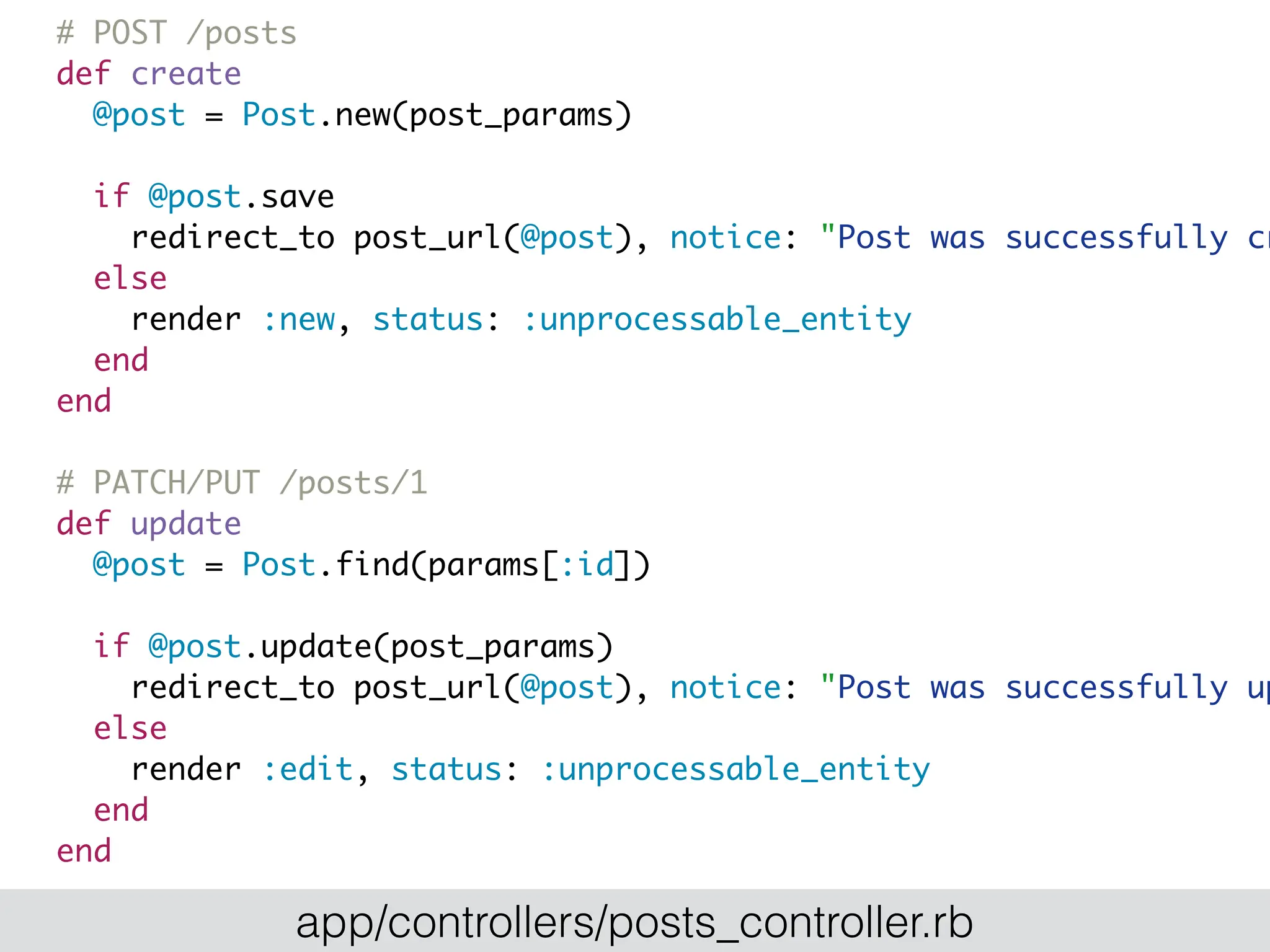 # POST /posts
def create
@post = Post.new(post_params)
if @post.save
redirect_to post_url(@post), notice: "Post was successfully cr
else
render :new, status: :unprocessable_entity
end
end
# PATCH/PUT /posts/1
def update
@post = Post.find(params[:id])
if @post.update(post_params)
redirect_to post_url(@post), notice: "Post was successfully up
else
render :edit, status: :unprocessable_entity
end
end
# DELETE /posts/1
app/controllers/posts_controller.rb
 