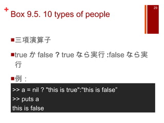 Box 9.5. 10 types of people 三項演算子 true か false  ?  true なら実行 : false なら実行 例： >> a = nil ? "this is true":"this is false” >> puts a this is false 