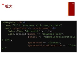 拡大 namespace   :db   do    desc   “ Fill database with sample data ”    task   :populate  =>  :environment   do      Rake :: Task [ ‘ db:reset ’ ].invoke      User .create!( :name  =>  “ Example User ” ,                   :email  =>  “ [email_address] ” ,                   :password  =>  “ foobar ” ,                   :password_confirmation  =>  “ foobar ” ) 