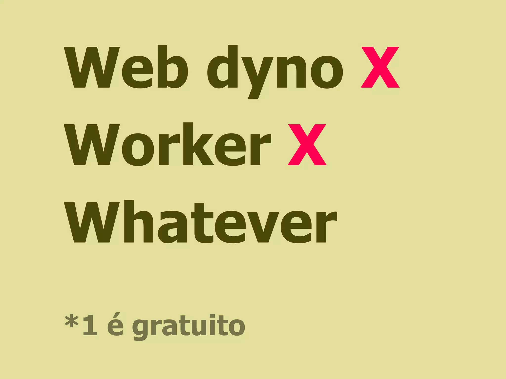 Web dyno X
Worker X
Whatever
*1 é gratuito
 