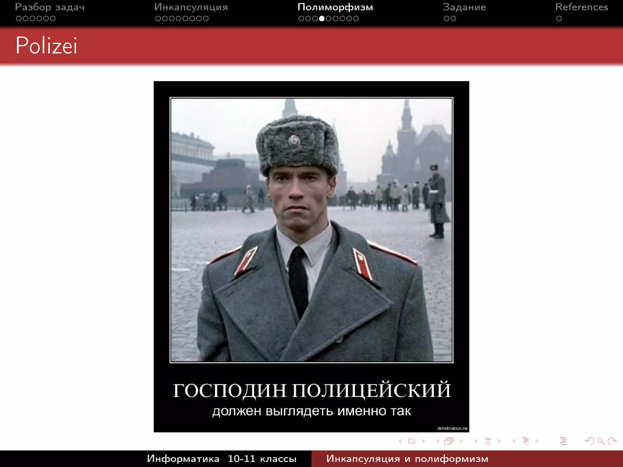 Разбор задач Инкапсуляция Полиморфизм Задание References
Polizei
Информатика 10-11 классы Инкапсуляция и полиформизм
 