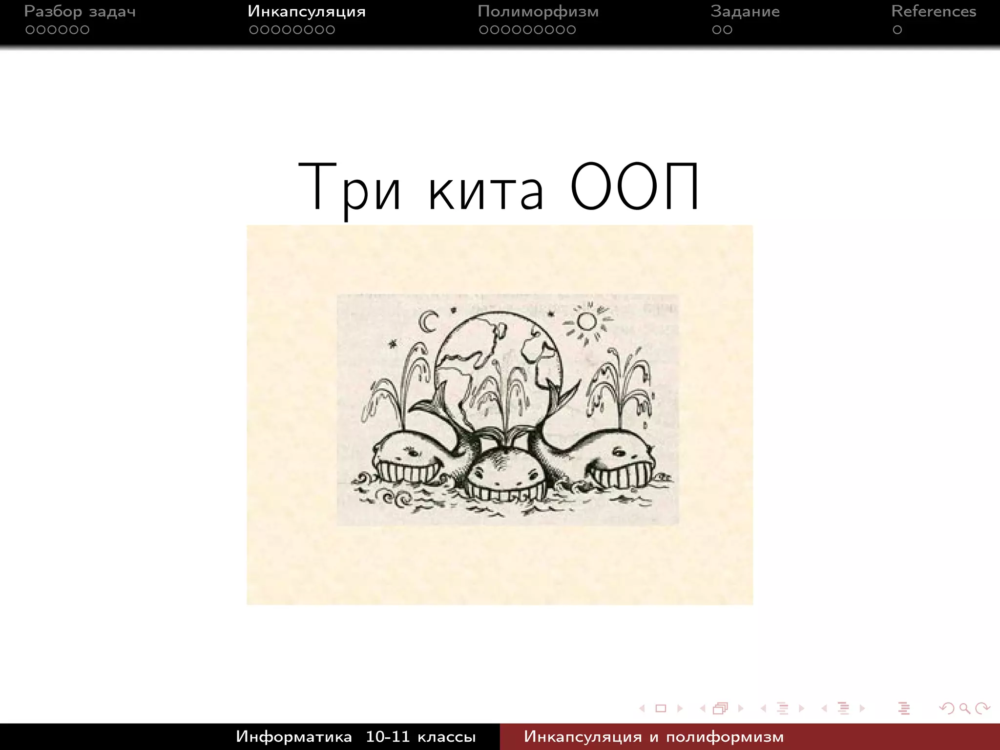 Разбор задач Инкапсуляция Полиморфизм Задание References
Три кита ООП
Информатика 10-11 классы Инкапсуляция и полиформизм
 