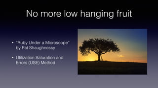 No more low hanging fruit
• “Ruby Under a Microscope”
by Pat Shaughnessy
• Utilization Saturation and
Errors (USE) Method
 