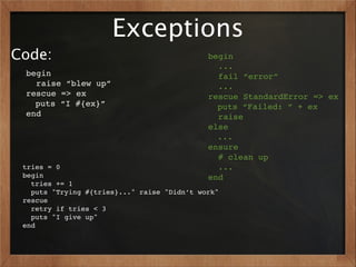 Exceptions
Code:                                        begin
                                               ...
 begin                                         fail “error”
   raise “blew up”                             ...
 rescue => ex                                rescue StandardError => ex
   puts “I #{ex}”                              puts “Failed: ” + ex
 end                                           raise
                                             else
                                               ...
                                             ensure
                                               # clean up
 tries = 0                                     ...
 begin                                       end
   tries += 1
   puts "Trying #{tries}..." raise "Didn’t work"
 rescue
   retry if tries < 3
   puts "I give up"
 end
 