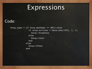 Expressions

Code:
  song_type = if song.mp3Type == MP3::Jazz
                if song.written < Date.new(1935, 1, 1)
                   Song::TradJazz
                else
                   Song::Jazz
                end
              else
                Song::Other
              end
 