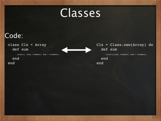 Classes
Code:
class Cls < Array                                 Cls = Class.new(Array) do
  def sum                                           def sum
    inject{ |sum, element| sum + element}             inject{|sum, element| sum + element}

  end                                               end
end                                               end
 