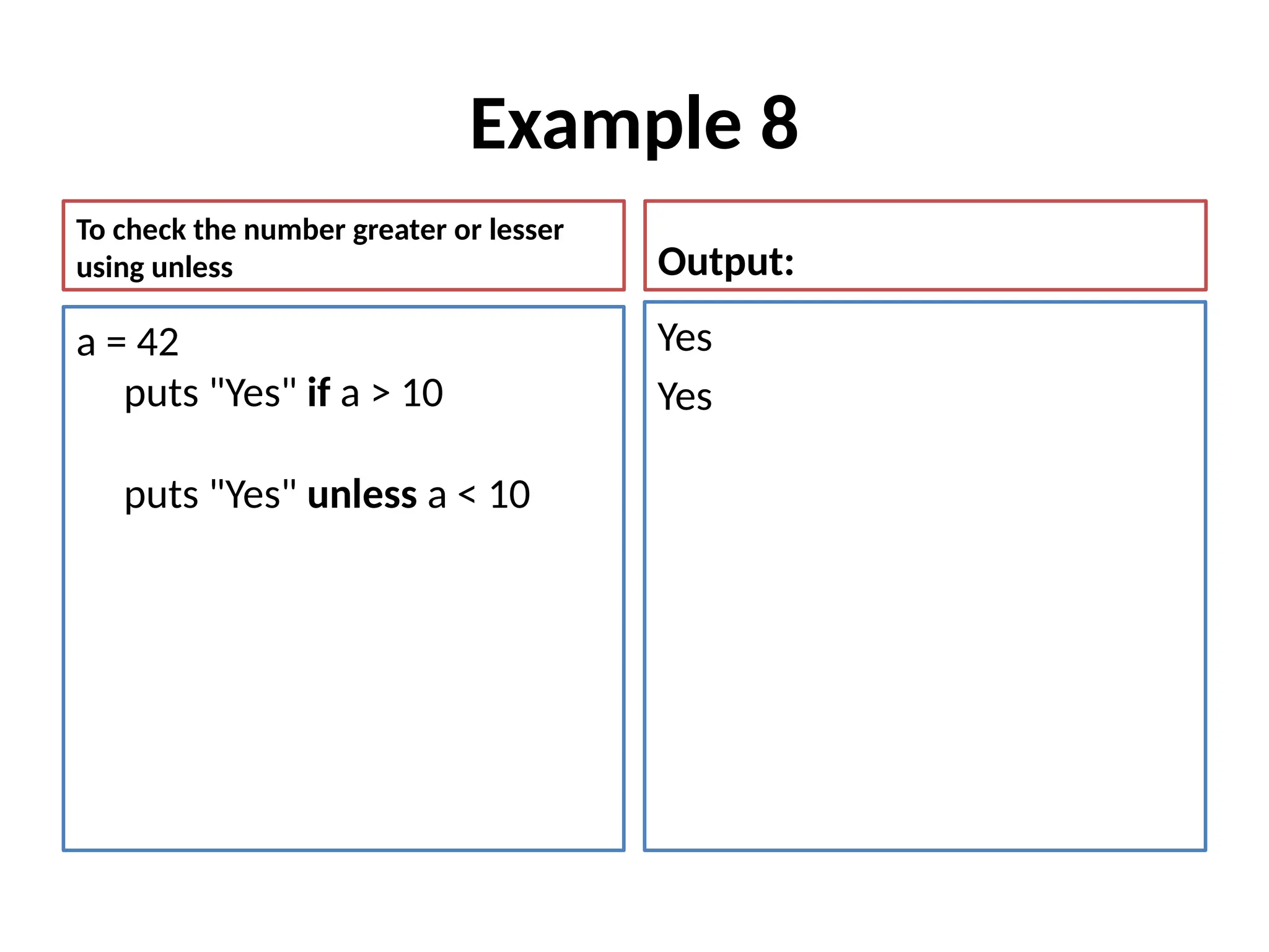 Example 8
To check the number greater or lesser
using unless
a = 42
puts "Yes" if a > 10
puts "Yes" unless a < 10
Output:
Yes
Yes
 