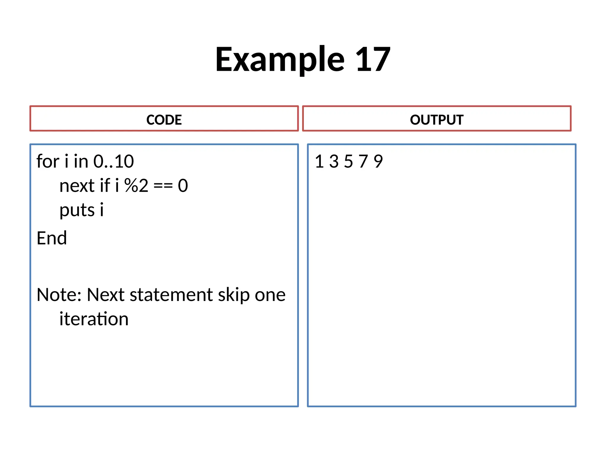 Example 17
for i in 0..10
next if i %2 == 0
puts i
End
Note: Next statement skip one
iteration
1 3 5 7 9
CODE OUTPUT
 