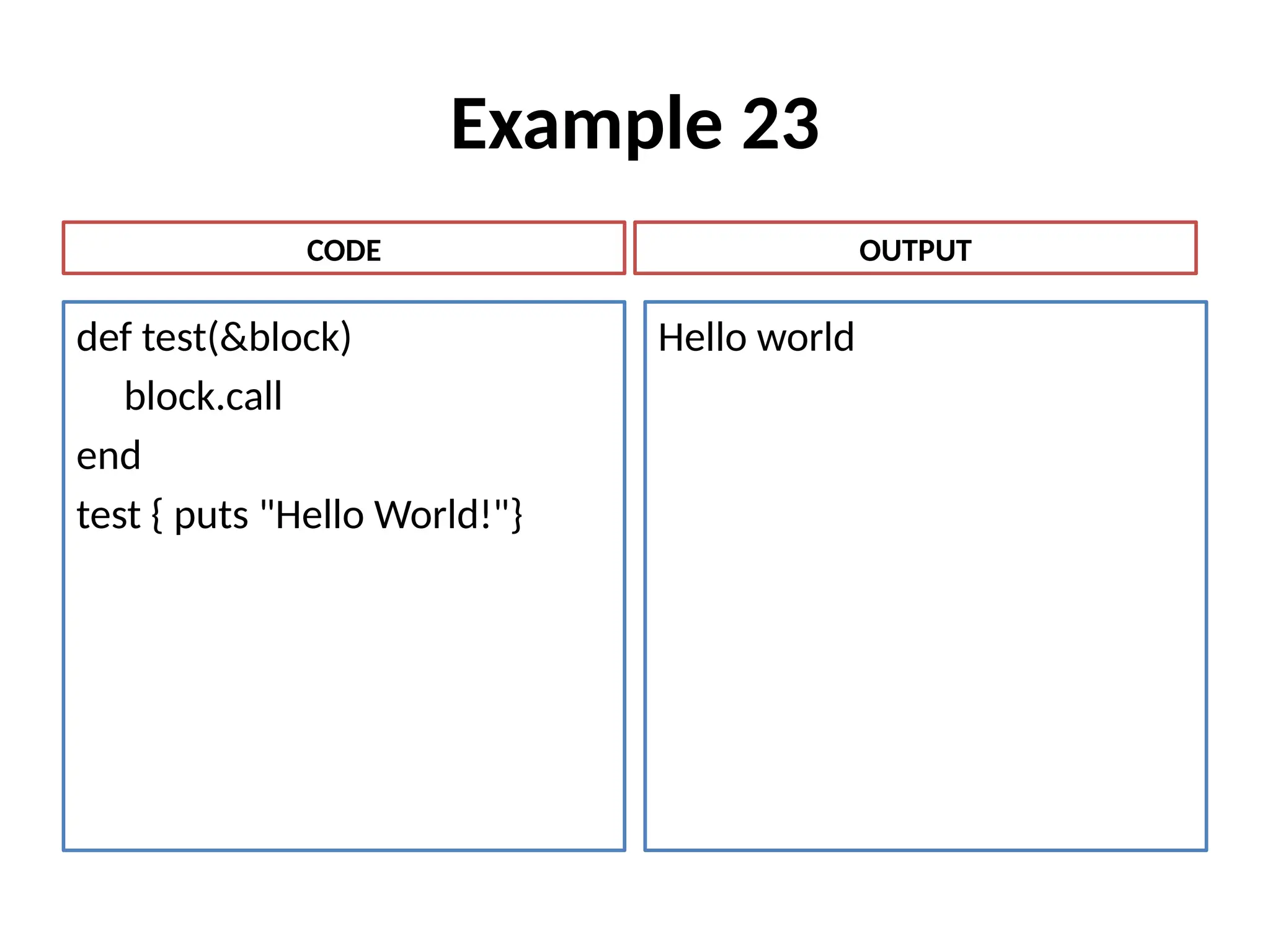 Example 23
def test(&block)
block.call
end
test { puts "Hello World!"}
Hello world
CODE OUTPUT
 