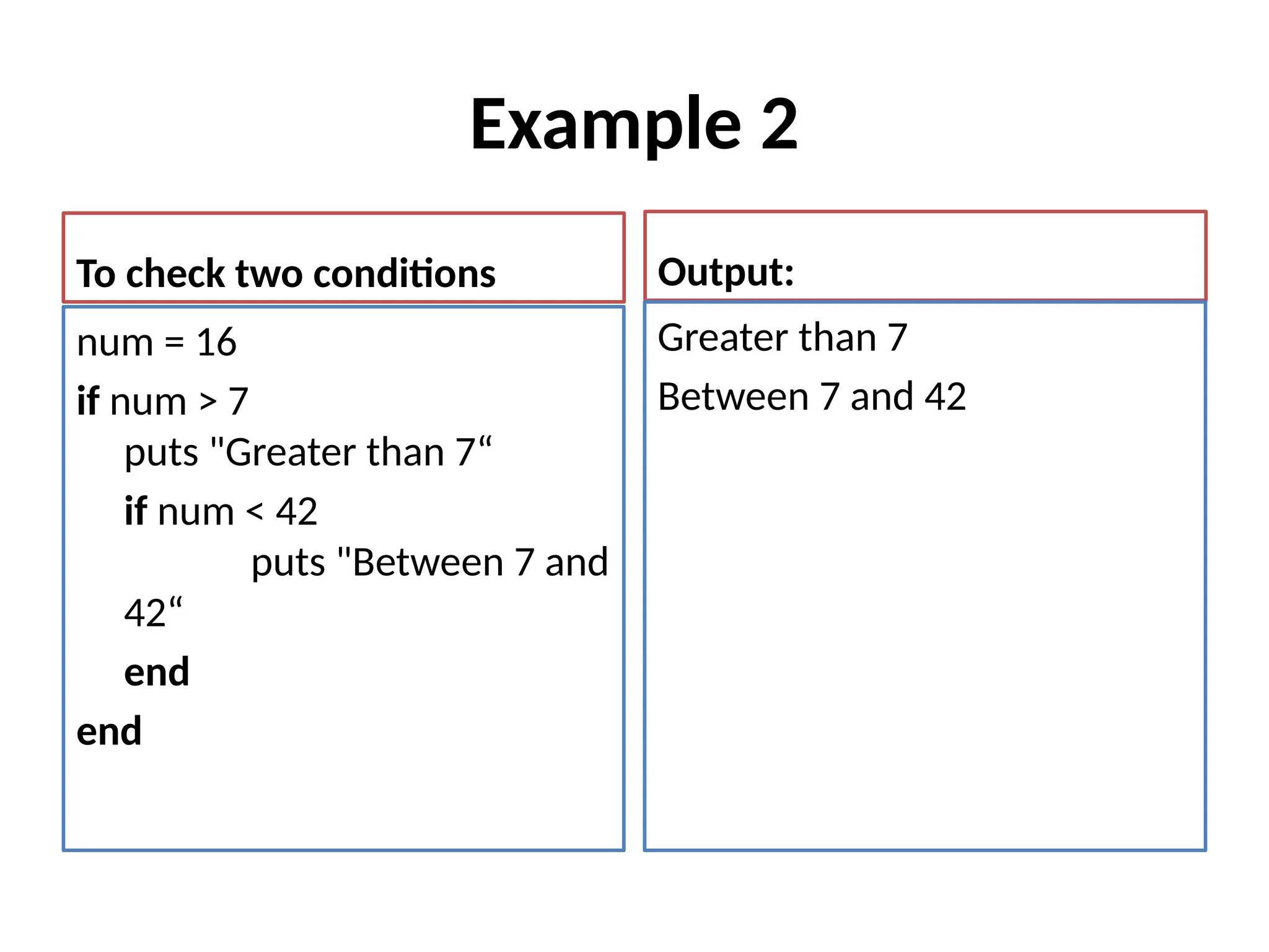 Example 2
To check two conditions
num = 16
if num > 7
puts "Greater than 7“
if num < 42
puts "Between 7 and
42“
end
end
Output:
Greater than 7
Between 7 and 42
 