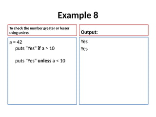 Example 8
To check the number greater or lesser
using unless
a = 42
puts "Yes" if a > 10
puts "Yes" unless a < 10
Output:
Yes
Yes
 