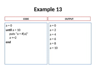 Example 13
a = 0
until a > 10
puts "a = #{a}"
a +=2
end
a = 0
a = 2
a = 4
a = 6
a = 8
a = 10
CODE OUTPUT
 