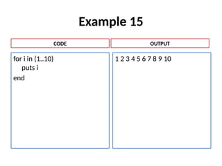 Example 15
for i in (1..10)
puts i
end
1 2 3 4 5 6 7 8 9 10
CODE OUTPUT
 