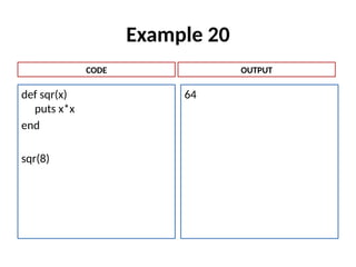 Example 20
def sqr(x)
puts x*x
end
sqr(8)
64
CODE OUTPUT
 