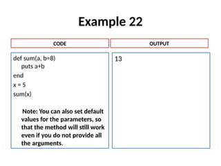 Example 22
def sum(a, b=8)
puts a+b
end
x = 5
sum(x)
Note: You can also set default
values for the parameters, so
that the method will still work
even if you do not provide all
the arguments.
13
CODE OUTPUT
 