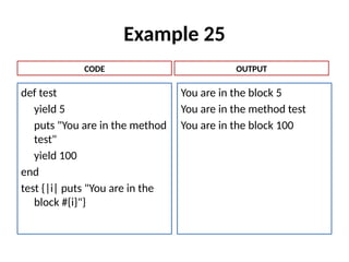 Example 25
def test
yield 5
puts "You are in the method
test"
yield 100
end
test {|i| puts "You are in the
block #{i}"}
You are in the block 5
You are in the method test
You are in the block 100
CODE OUTPUT
 