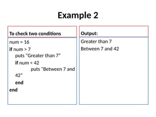 Example 2
To check two conditions
num = 16
if num > 7
puts "Greater than 7“
if num < 42
puts "Between 7 and
42“
end
end
Output:
Greater than 7
Between 7 and 42
 