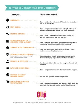 10 Ways to Connect with Your Customers

 Listen for...                                            What to do with it...

 Birthdays
                                                          Send a hand-written birthday card. Throw in free service that
                                                          day for an extra WOW!

 New Babies
                                                          Send a congratulations card or a new baby gift. Follow up at
                                                          Mothers/Fathers Day with another card full of well wishes.

 Moving offices
                                                          Send a plant, a gift basket of tasteful office supplies, or…a
                                                          gift card to a restaurant near their new digs.

 Things you have in
 common with a clien t                                    Send a link to an article about that commonality along with a
                                                          note saying “thought you might find this interesting.”

 Awards  big DEALS INKED
                                                          Send your own branded award certificate or have a trophy
                                                          made commemorating the occasion.

 L andmark achievemen ts
 (e.g., completing a marathon, personal best golf         Congratulate them through social media channels: post to
 round, child graduates from college)                     their Facebook page or give them a shout-out on Twitter.

 Hobbies  in terests
                                                          Ask them about that hobby next time you get a chance to talk
                                                          with them.

 Favorite Sports team
                                                          Send a congrats email next time their team wins the big game.


 Spouses  family
 MEMBER names                                             Ask how their spouse or child is doing by name.


 WHEN THEY’RE UNDER
 THE WEATHER                                              Send a notecard wishing them well. Mailing a box of herbal tea
                                                          along with that card adds another touch of thoughtfulness.




       Ruby Receptionists      1331 NW Lovejoy St #875, Portland, OR 97209   Toll-free 866-611-7829   callruby.com
 