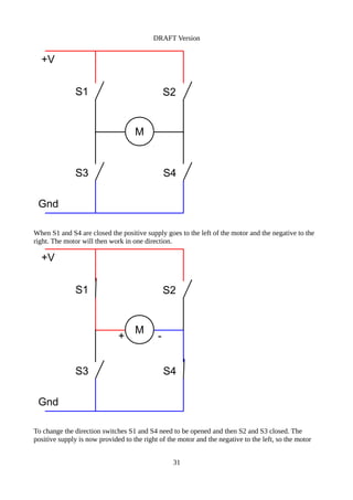 DRAFT Version
When S1 and S4 are closed the positive supply goes to the left of the motor and the negative to the
right. The motor will then work in one direction.
To change the direction switches S1 and S4 need to be opened and then S2 and S3 closed. The
positive supply is now provided to the right of the motor and the negative to the left, so the motor
31
M
+V
Gnd
S1 S2
S3 S4
M
+V
Gnd
S1 S2
S3 S4
+ -
 