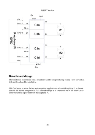 DRAFT Version
Breadboard design
The breadboard is connected onto a breadboard (solder-less prototyping board). I have shown two
different breadboard layouts below.
This first layout is where the is a separate power supply connected to the Raspberry Pi to the one
used for the motors. The power to Vcc1 on the H-bridge IC is taken from the 5v pin on the GPIO
connector and so is powered from the Raspberry Pi.
38
IC1a
IC1b
IC1c
IC1d
M1
M2
1Y
2Y
3Y
4Y
RaspberryPi
GPIO
1,2 en
3,4 en
1A
2A
3A
4A
GPIO17
GPIO18
GPIO23
GPIO22
Vcc1
Vcc2
+5v
Gnd
Gnd
Gnd
+5v
 