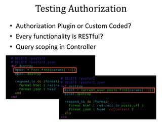 Testing Authorization
• Authorization Plugin or Custom Coded?
• Every functionality is RESTful?
• Query scoping in Controller
 