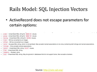 Rails Model: SQL Injection Vectors
• ActiveRecord does not escape parameters for
certain options:
Source: http://rails-sqli.org/
 