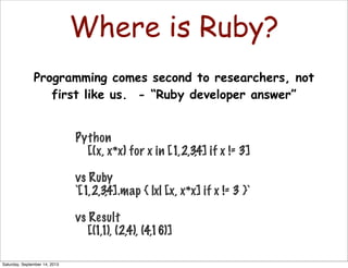 Where is Ruby?
Programming comes second to researchers, not
first like us. - “Ruby developer answer”
Python
    [(x, x*x) for x in [1,2,3,4] if x != 3]
vs Ruby
`[1,2,3,4].map { |x| [x, x*x] if x != 3 }`
vs Result
    [(1,1), (2,4), (4,16)]
Saturday, September 14, 2013
 